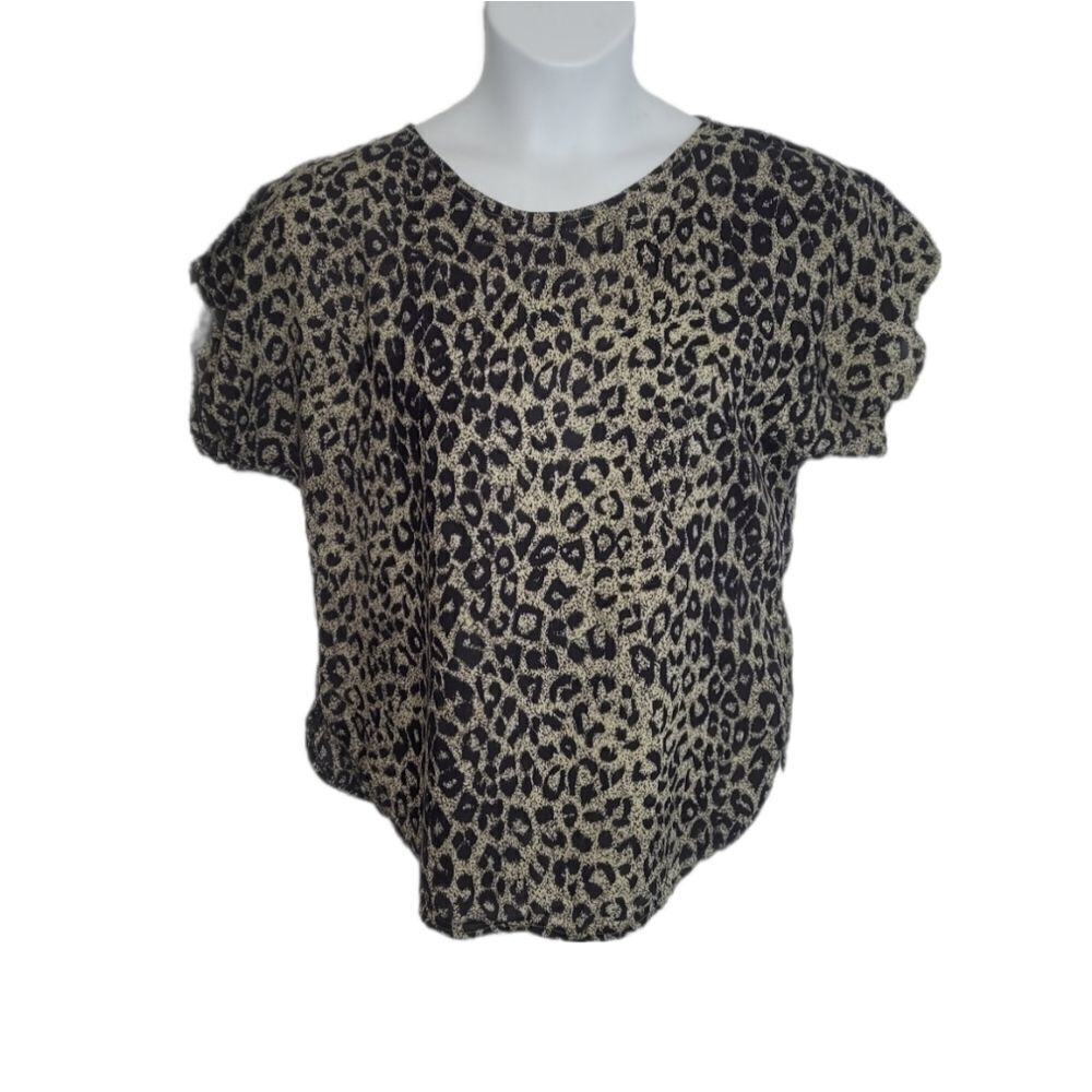 VINTAGE 70s blouse cheetah animal print neutral‎ dolman short sleeve boxy top S
